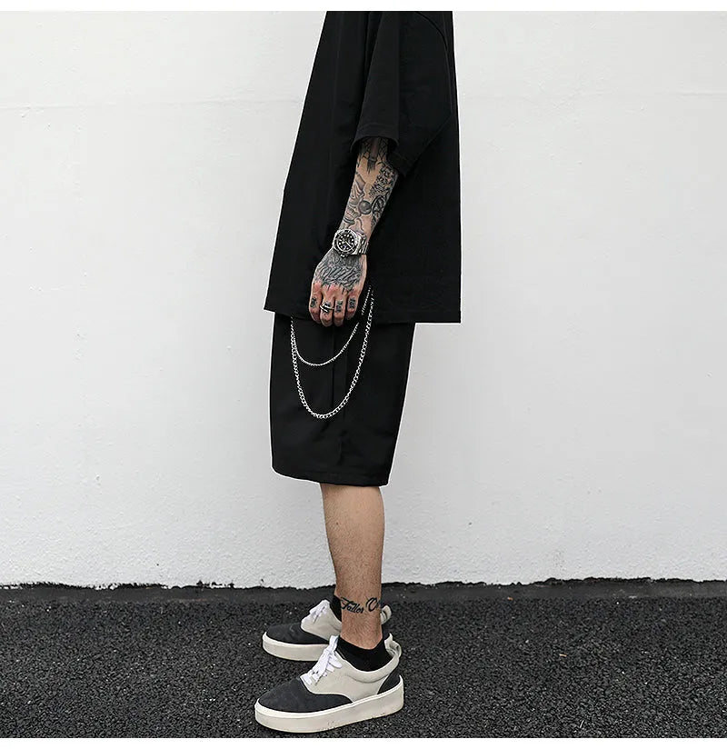 Black cotton trouser chain suit shorts with chain detail, available in sizes S M L XL