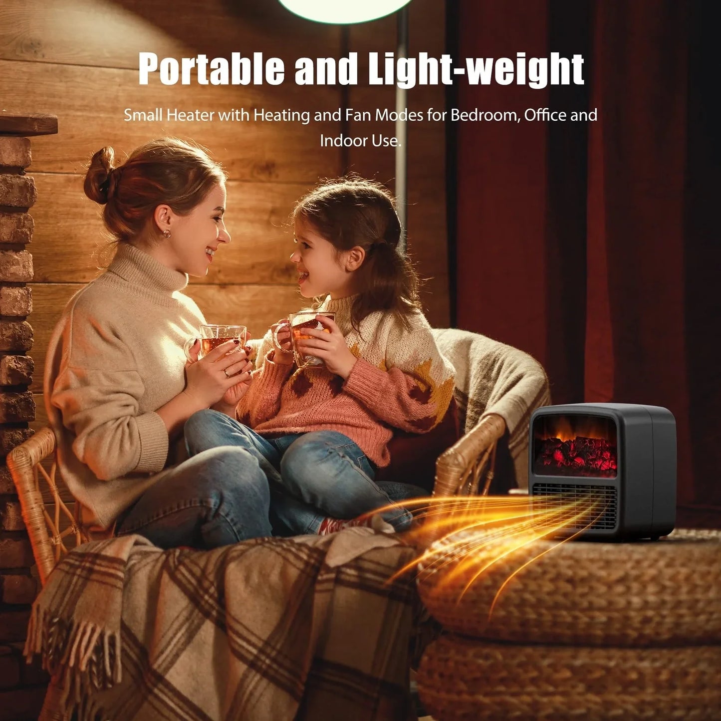 Compact black electric desktop heater with ceramic heating technology and mechanical controls for winter warmth