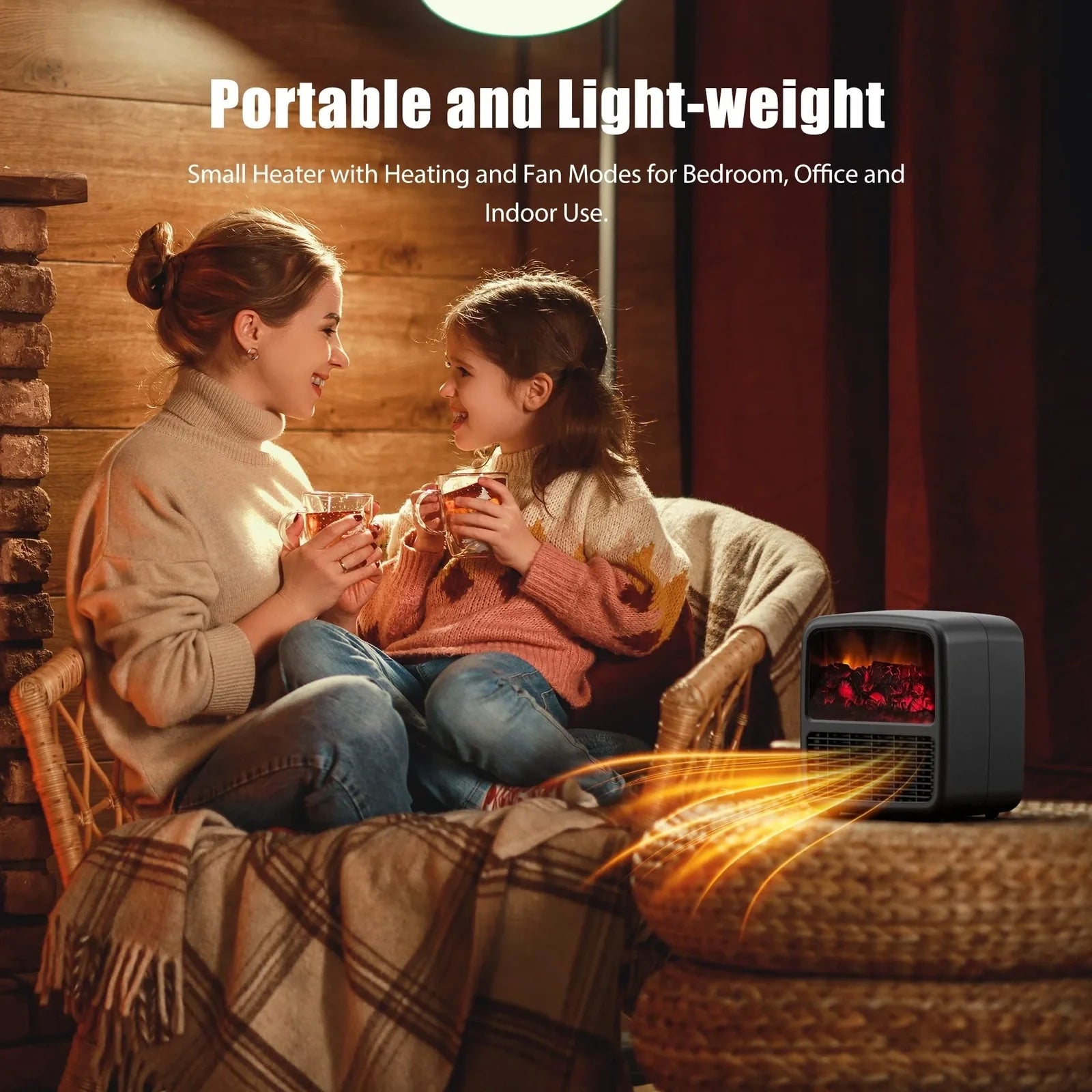 Compact black electric desktop heater with ceramic heating technology and mechanical controls for winter warmth