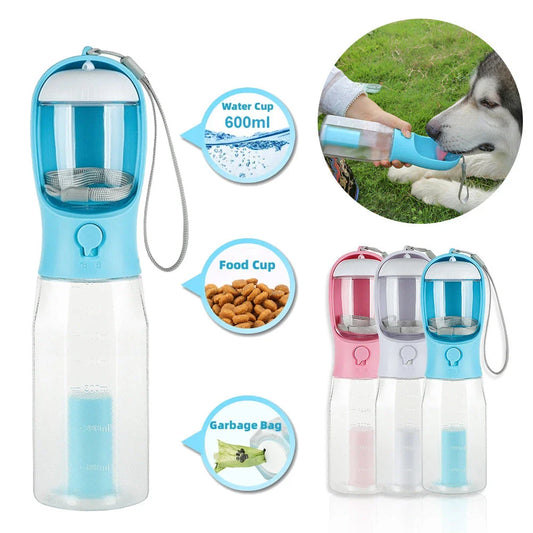 Multifunctional pet water bottle with built-in poop bag dispenser, available in turquoise, pink, and white colors