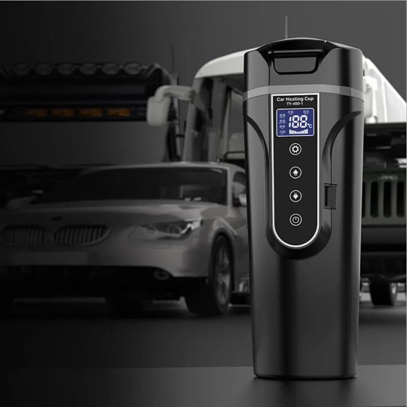 Black portable car electric heating cup with digital display and 400ml capacity