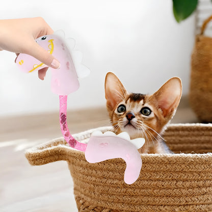 Set of four colourful plush cat toys: a mouse, a fish, a bunny, and a chew toy on a plain background.
