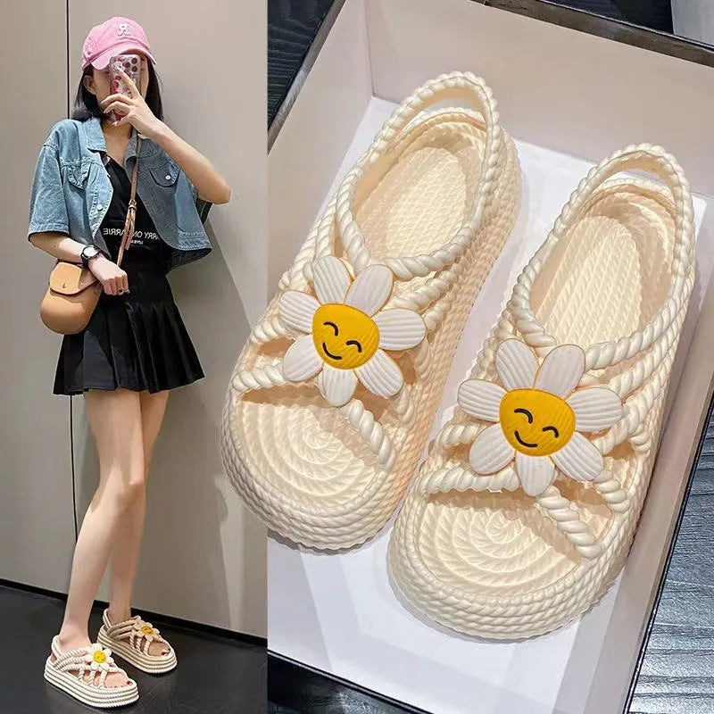 PVC non-slip sandals with round toe and floral decoration in beige colour