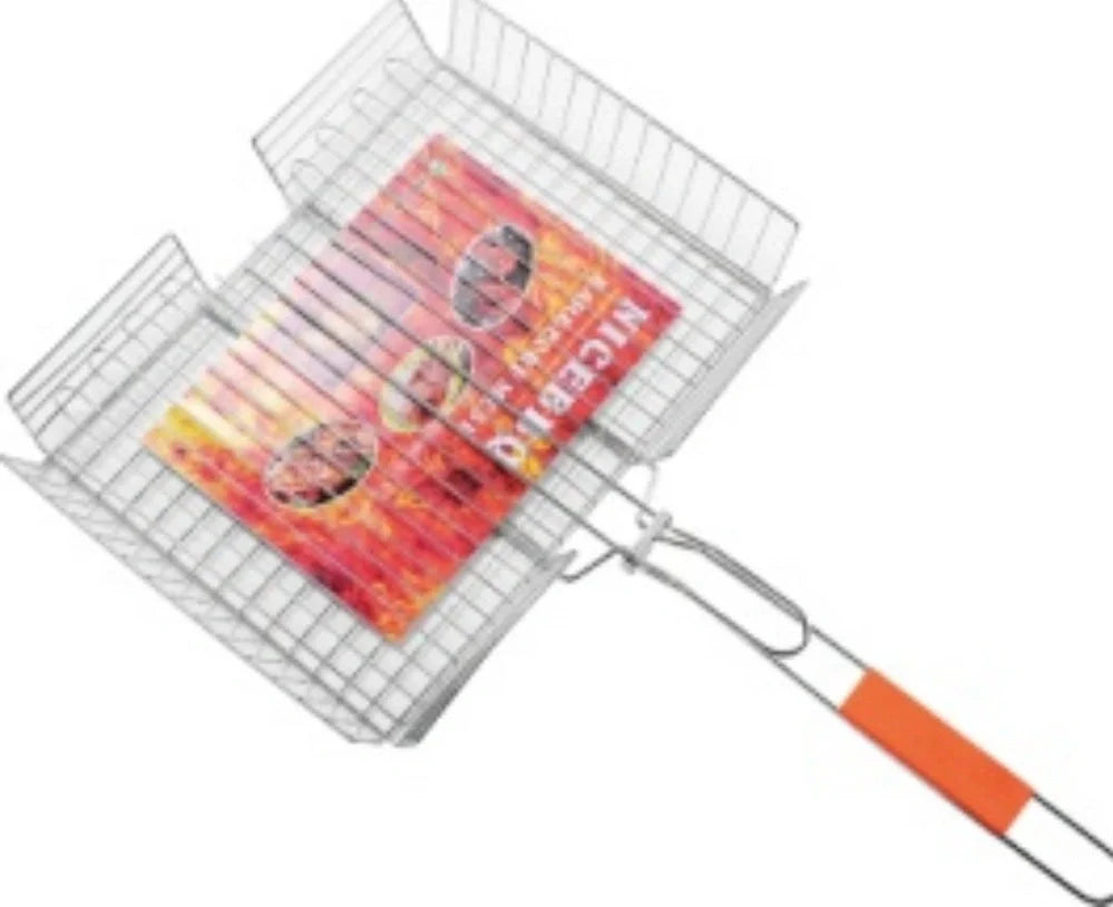 Stainless steel folding barbecue net showing extended cooking surface and compact folded position
