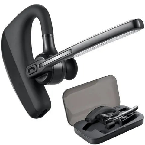 Black true wireless Bluetooth earbuds with charging case shown on a dark background.