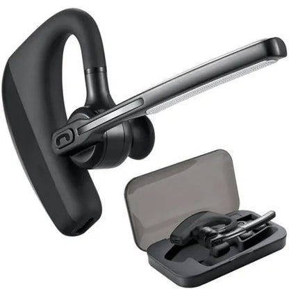 Black true wireless Bluetooth earbuds with charging case shown on a dark background.