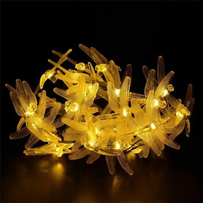 20 warm white LED dragonfly solar string lights with solar panel on garden spike