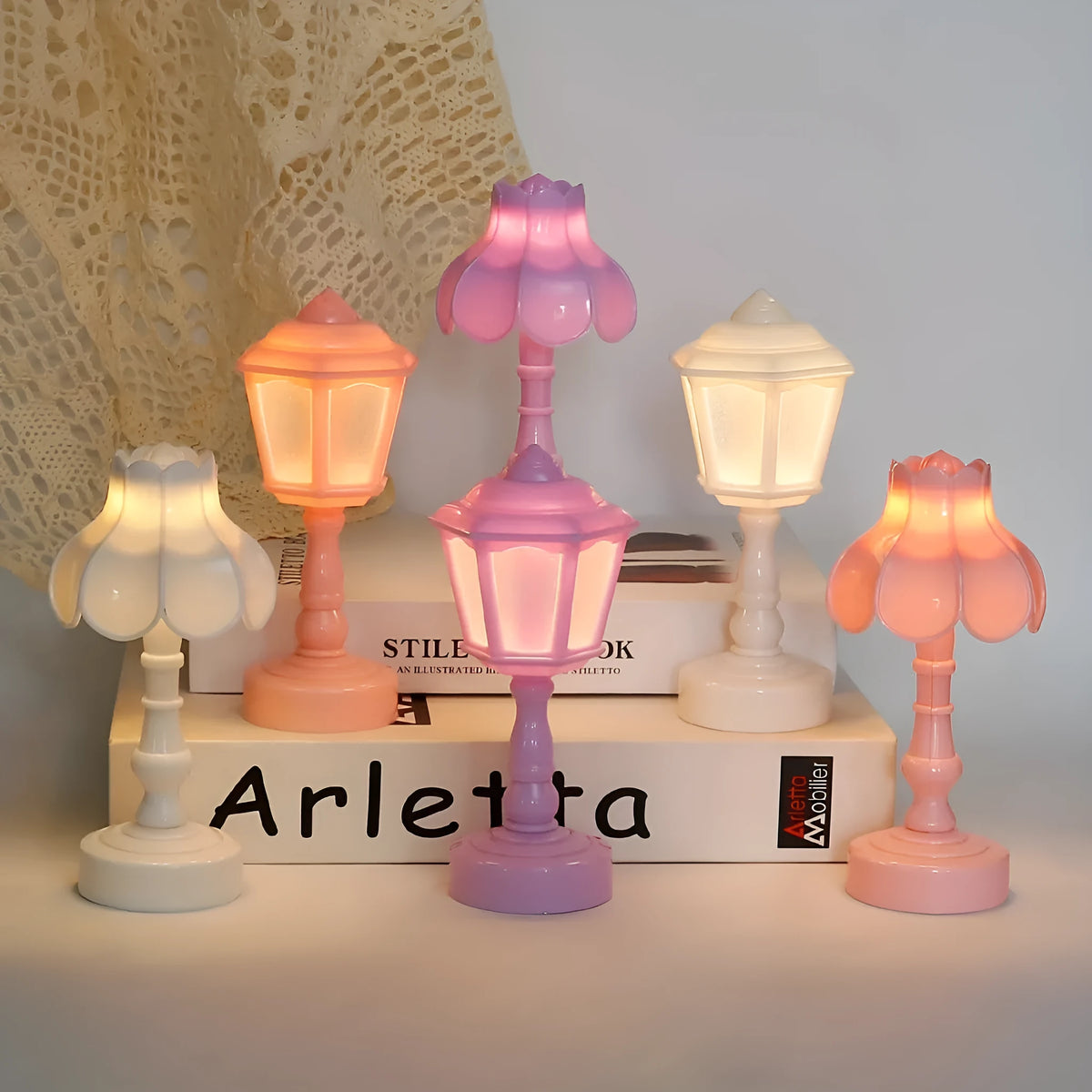Retro pagoda geometric design night lamp with built-in battery in light purple colour