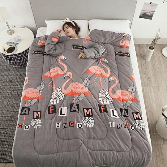 Cozy heated blanket with sleeves for comfortable lounging and hands-free relaxation