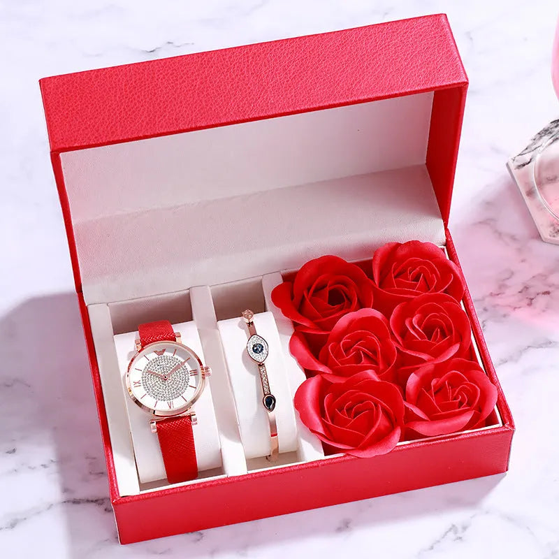 Ladies round watch with 32mm dial, 6mm alloy case, leather strap, and pin buckle