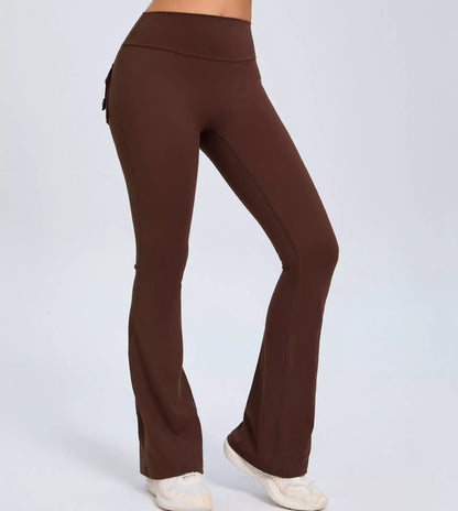 Women's high waist yoga flared pants with pockets and scrunch butt detail in black, brown, and green