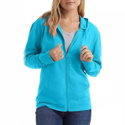 A loose fit solid colour hooded sweatshirt on a hanger, shown in one of six colour options.