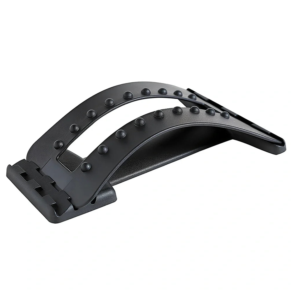 Black back massager with magnetic acupuncture points and adjustable stretch settings on grey background