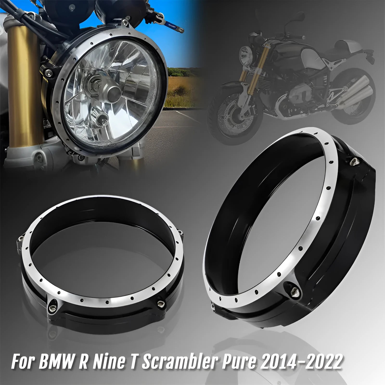 Black CNC aluminium headlight cover for BMW R Nine T Scrambler motorcycle 2014-2017