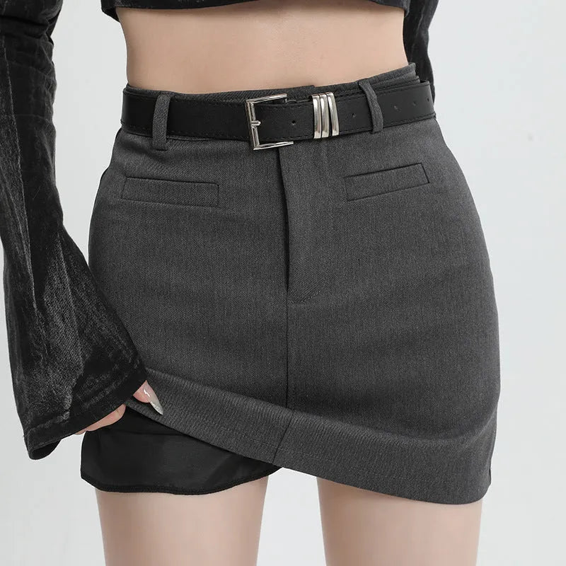 High Waist Petite A-Line One Step Sheath Skirt with Front Zipper and Stitching Detail in Grey or Black, Short Polyester Skirt for College Style and Everyday Wear, Sizes XS to 3XL