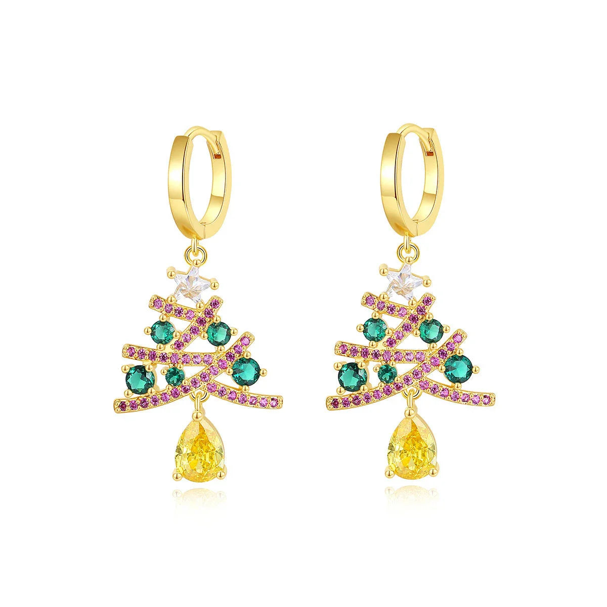 Shimmering gold Christmas tree earrings with colorful rhinestones, a must-have holiday fashion accessory