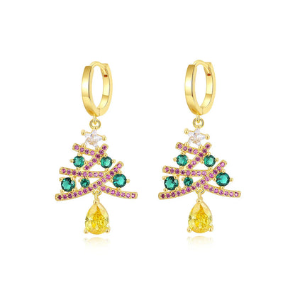 Shimmering gold Christmas tree earrings with colorful rhinestones, a must-have holiday fashion accessory