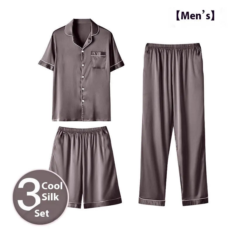Men's ice silk three-piece home wear loungewear set showing shorts and trousers in a selected colour.