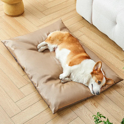 Blue and coffee coloured rectangular pet cooling mat shown in small, medium, large, and extra-large sizes.