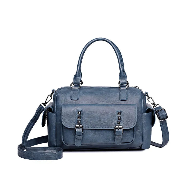 Vintage style messenger bag in PU leather with contrast stitching, horizontal square shape, shown in multiple colour options
