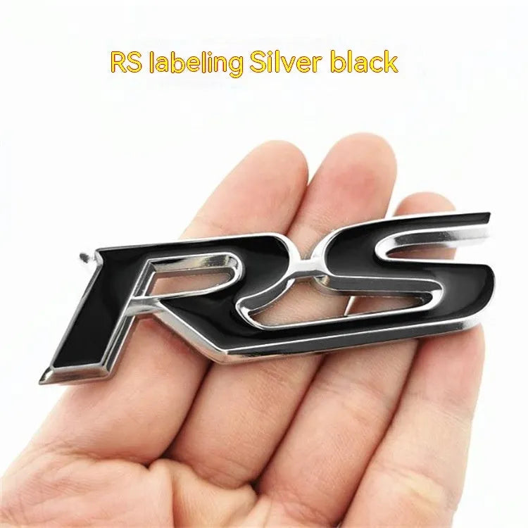 Zinc alloy RS pattern car sticker measuring 9x2.4cm in silver-edged blue colour option