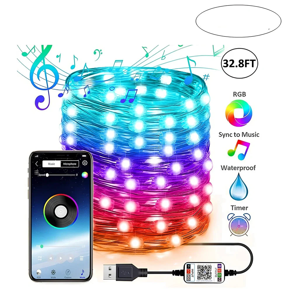 Bluetooth APP-controlled LED light string with flexible copper wire and plastic shell for indoor decoration