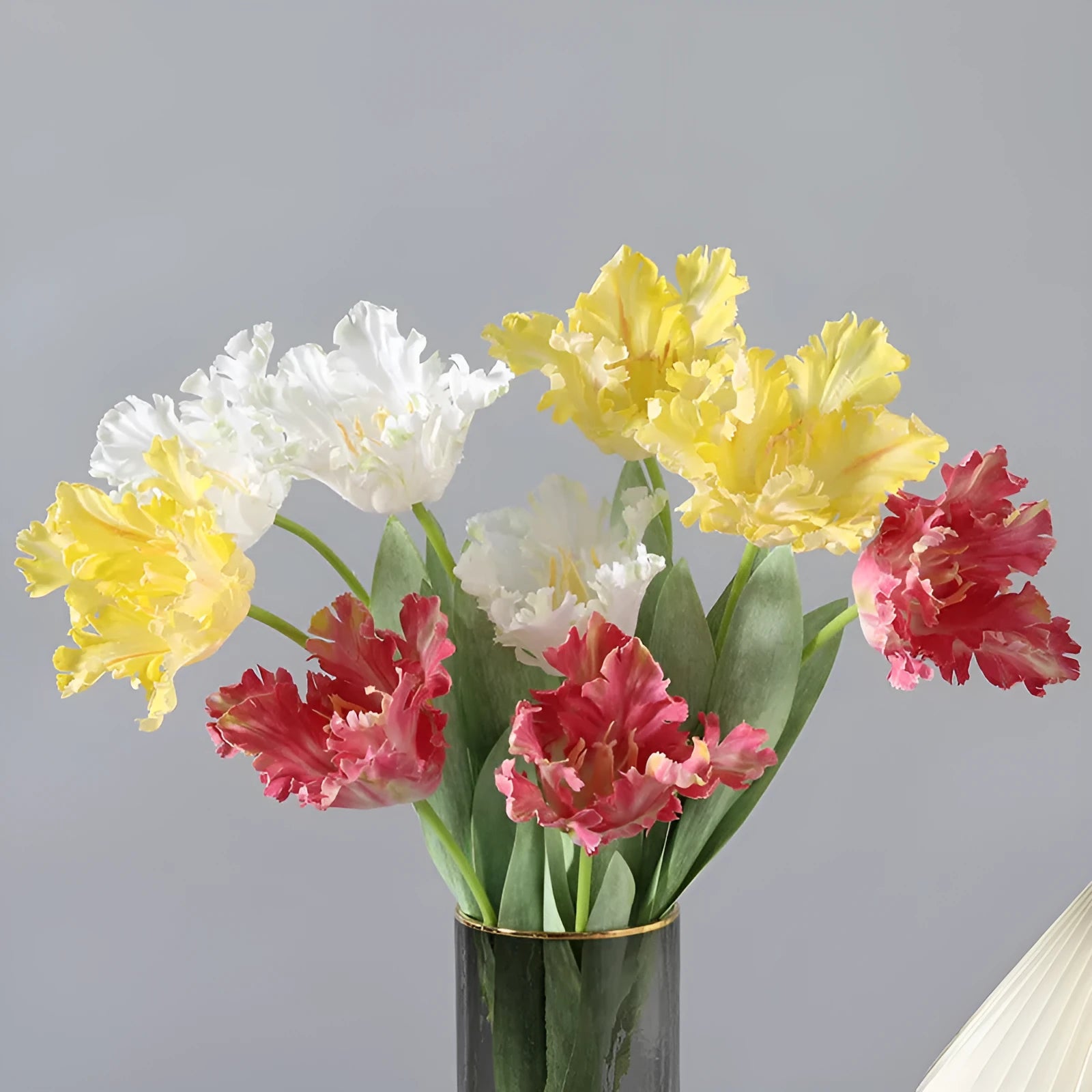 Artificial toothed tulip flower arrangement in yellow colour with soft rubber and PVC petals