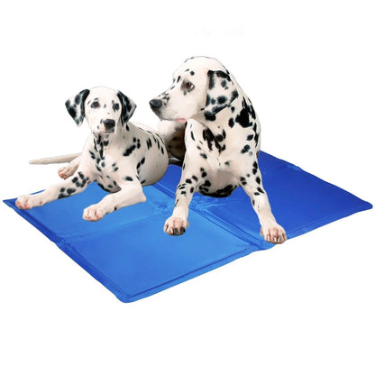 Blue dog cooling mat with pressure-activated ice crystal technology for summer heat relief