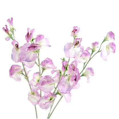 Artificial silk pea flower single stem in pink, purple, red, or white colours measuring 40cm height