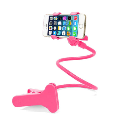 Black flexible long arm phone holder with V-clip gripping a smartphone, bent to position screen for bedside viewing.