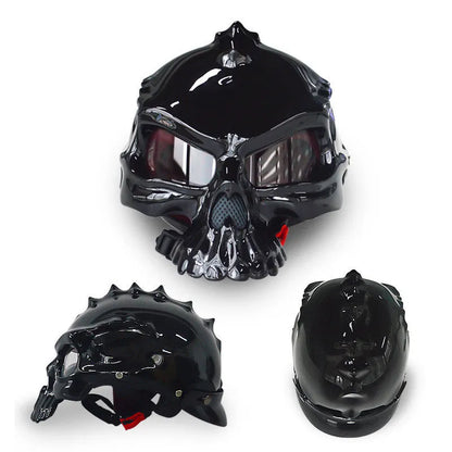 Double-sided reversible skull motorcycle helmet showing two different artwork designs
