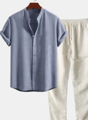 Men's casual loose fit short sleeve shirt and trousers suit in linen-look polyester fabric, available in multiple colours