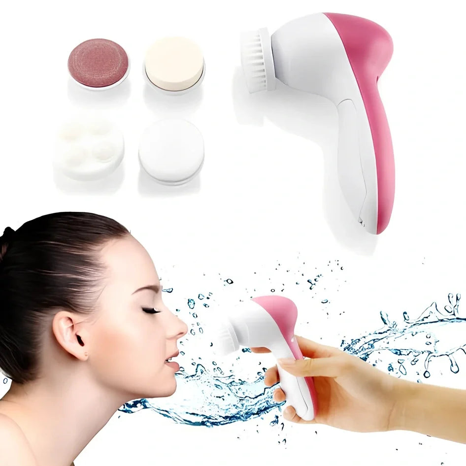 Pink electric facial cleanser device with 5 attachments for pore cleaning and blackhead removal, compact 130x70x48mm size