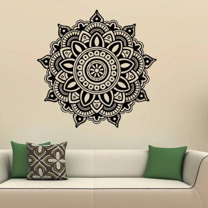 Black square wall sticker measuring 57cm by 57cm with geometric pattern on white wall