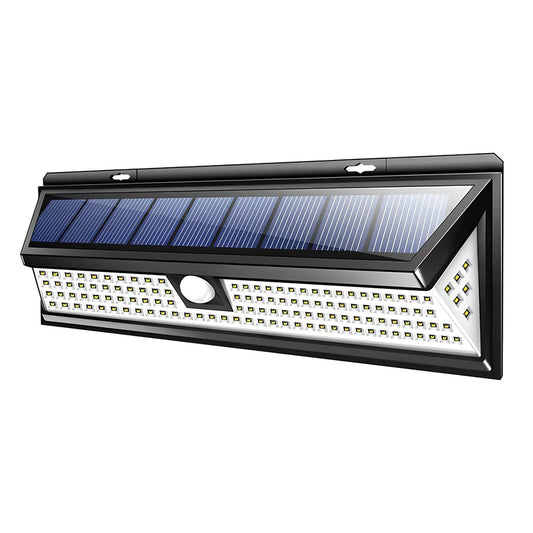 118 LED solar PIR motion sensor outdoor light in cold white, 295x105x50mm ABS build with 4400 mAh battery