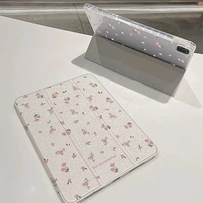 Transparent floral print hard case for iPad with tri-fold magnetic front cover acting as a kickstand.