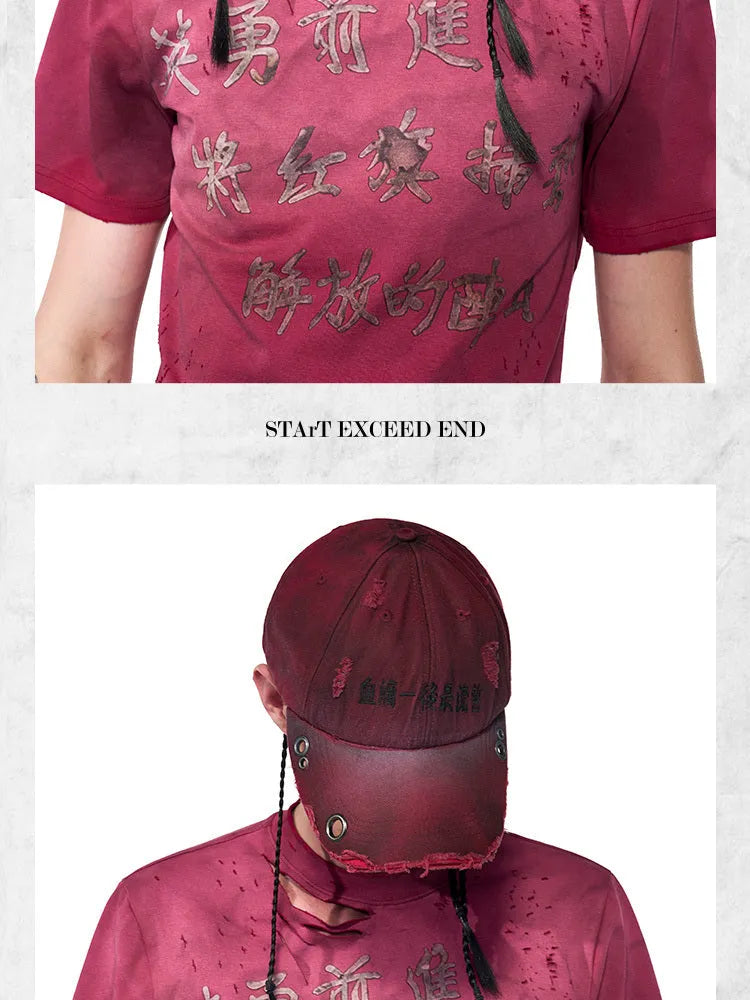 Rose red cotton peaked cap with adjustable strap and curved baseball-style peak