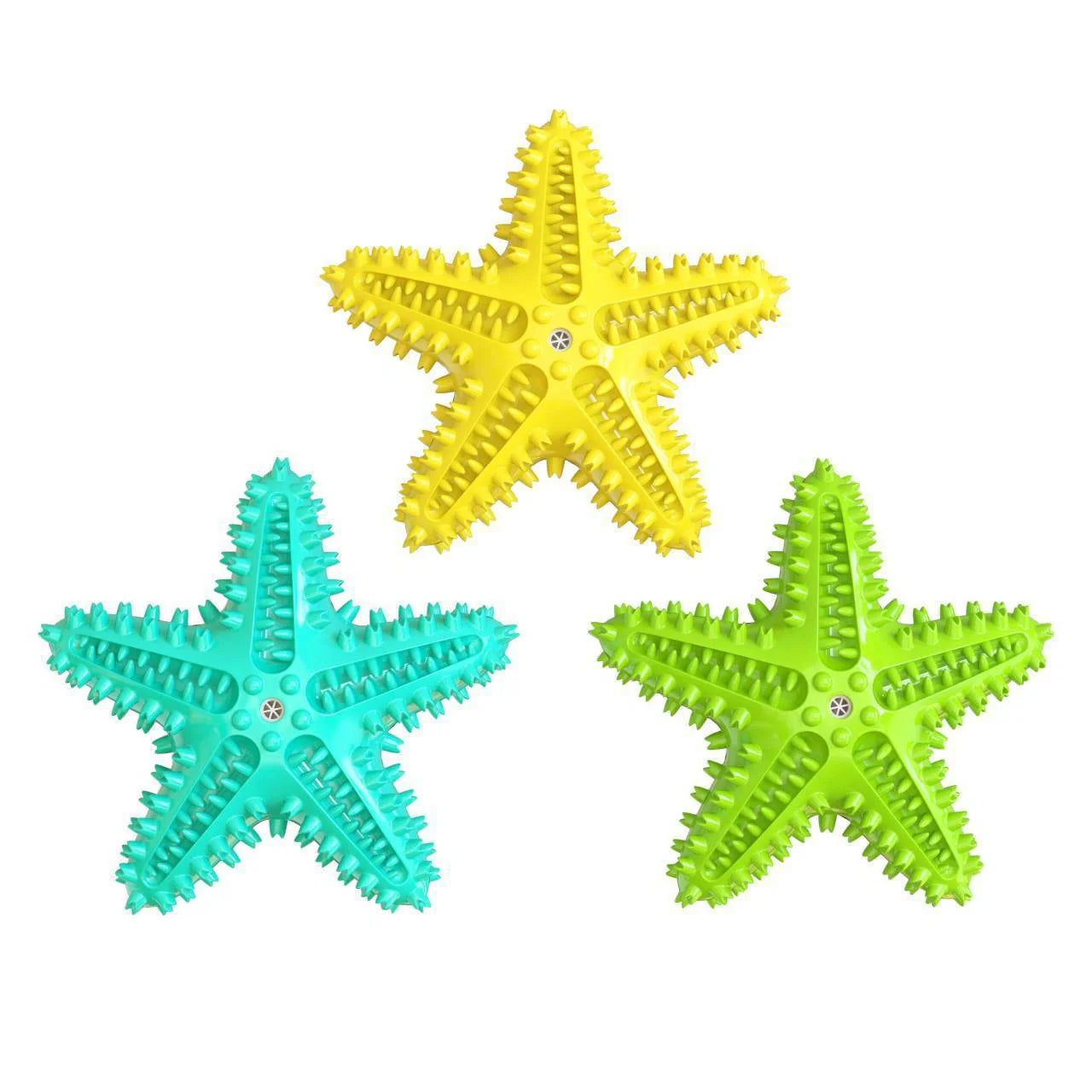 Starfish Vocal Pet Dog Toy Molar Stick in lake blue, yellow, and green