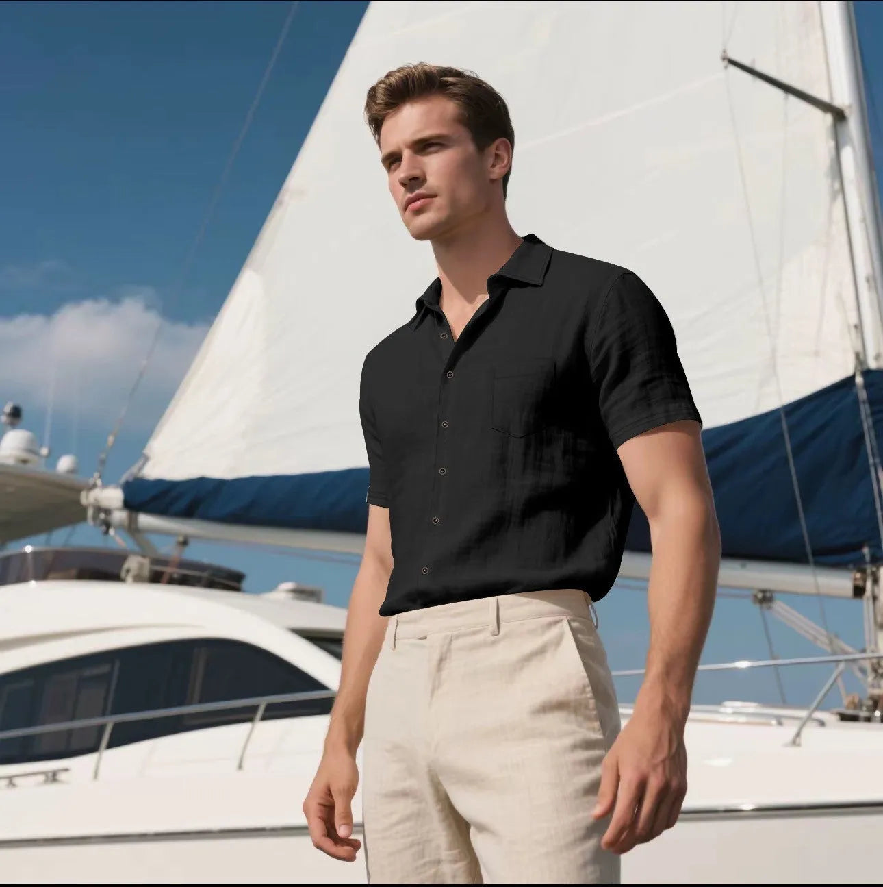 Men's loose fit short-sleeved linen blend shirt in a cardigan style, shown in a solid colour.