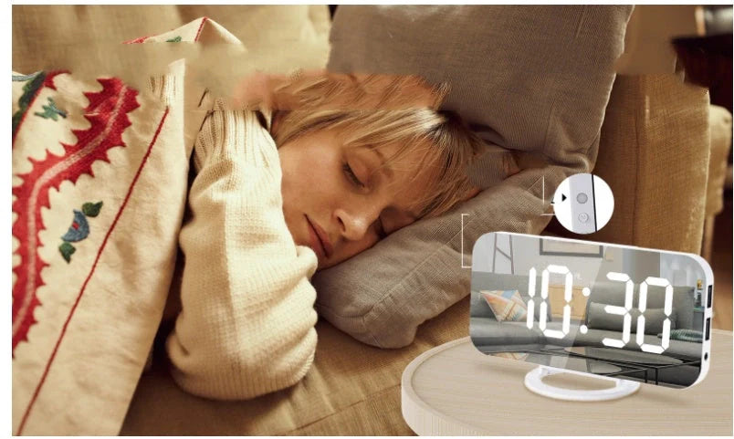 Digital Mirror Clock with adjustable LED display and dual USB ports
