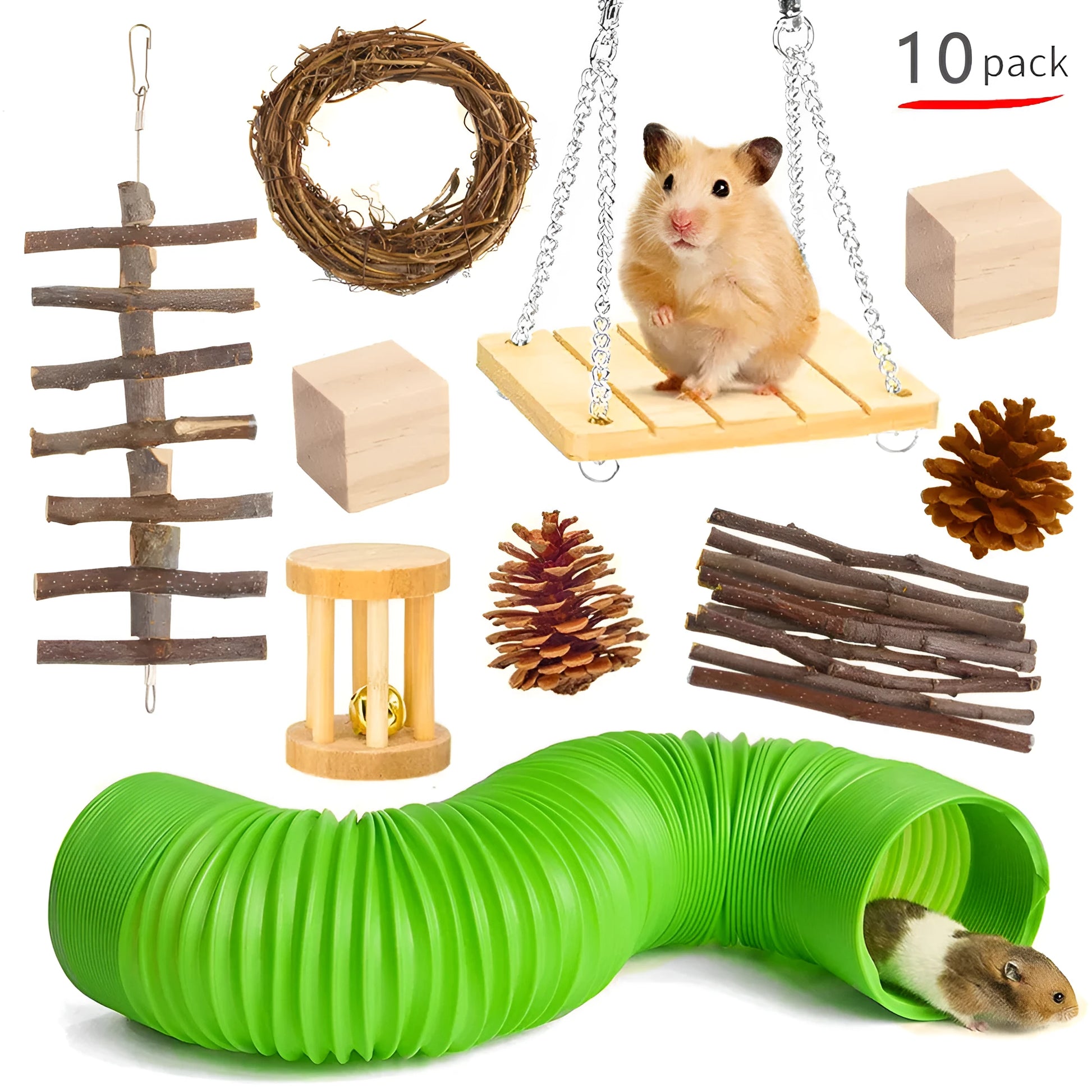 Assorted natural wooden chew toys for small pets including balls, rings, and mats on a plain background.