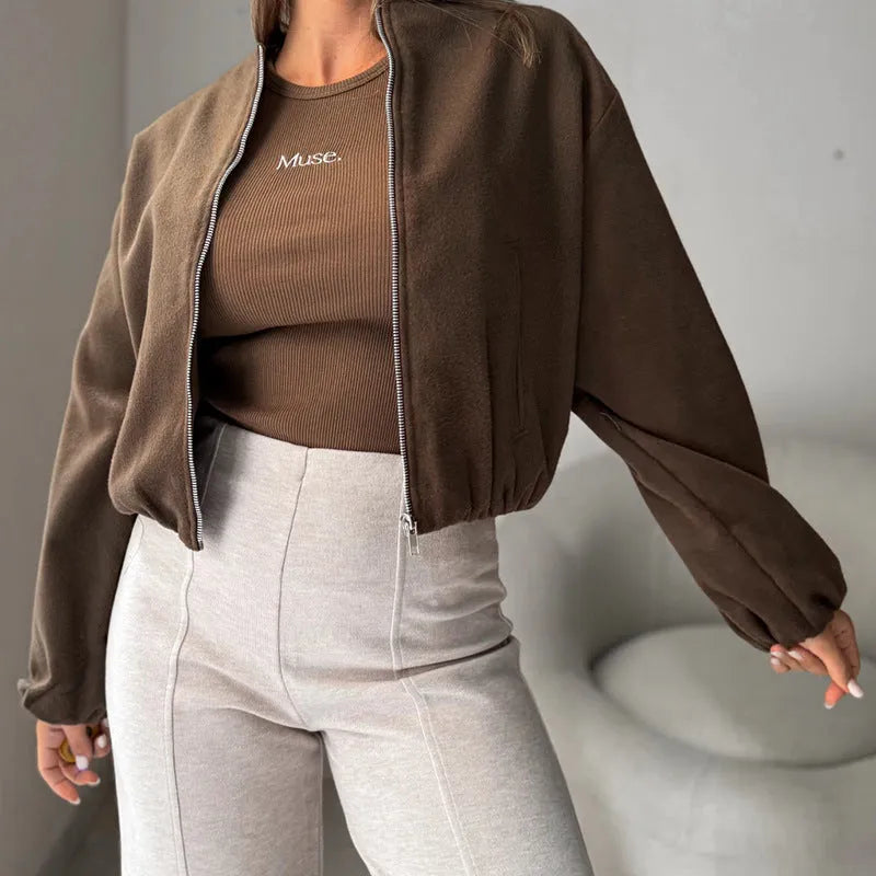Brown women's loose casual jacket with off-shoulder neck and long lantern sleeves.