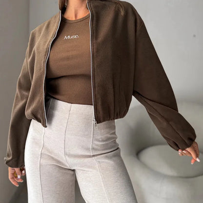 Brown women's loose casual jacket with off-shoulder neck and long lantern sleeves.