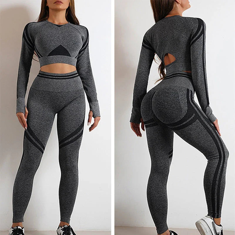 Seamless yoga leggings and long sleeve workout tops in various colors and styles