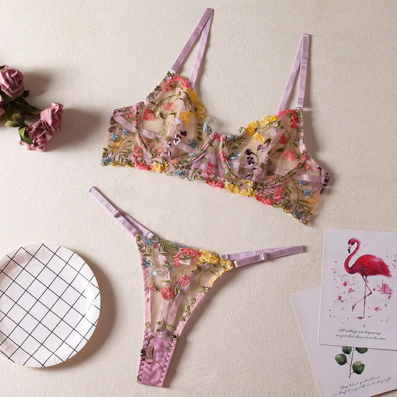 Floral Single Layer Bra with Steel Ring T-Back Underwear Suit - 3/4 Cup Mesh Bralette Set in Skin Colour, Purple, Black, Yellow, or Pink Sizes S,M,L,XL