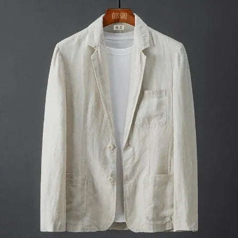 Men's slim fit linen suit jacket in chlorine fibre with nine-point sleeves and mid-length cut