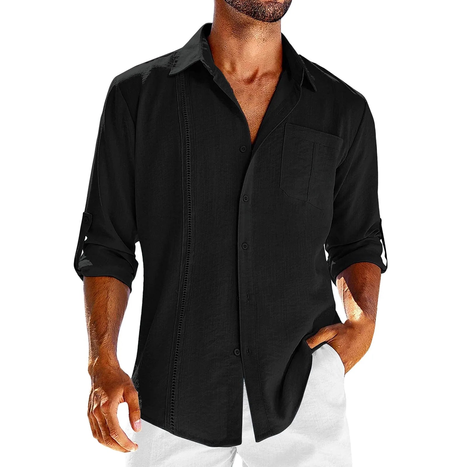 Men's solid colour long sleeve cotton blend shirt with polo collar and lace-trimmed chest pocket