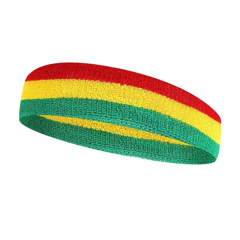 Colour-block sports headband for adults shown in a multi-colour design, suitable for running and yoga.