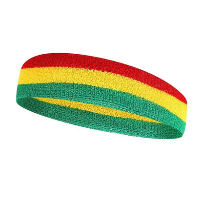 Colour-block sports headband for adults shown in a multi-colour design, suitable for running and yoga.