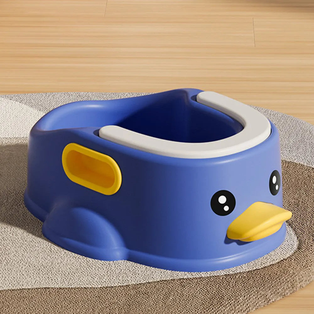 Blue PVC duck-shaped bathtub for washing a small dog, shown on a tiled floor.